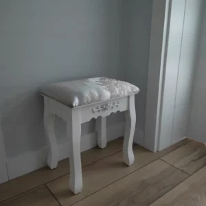 Taburet tapitat pentru masa de toaleta, picioare din lemn masiv, 38x28x45 cm