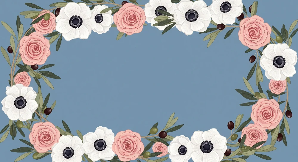 Tapet cameră bebeluși | Cadru floral delicat cu trandafiri și anemone pe fundal albastru