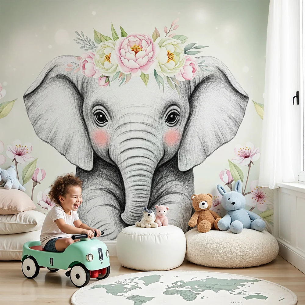 Tapet cameră bebeluși | Elefant adorabil cu flori și fundal verde salvie