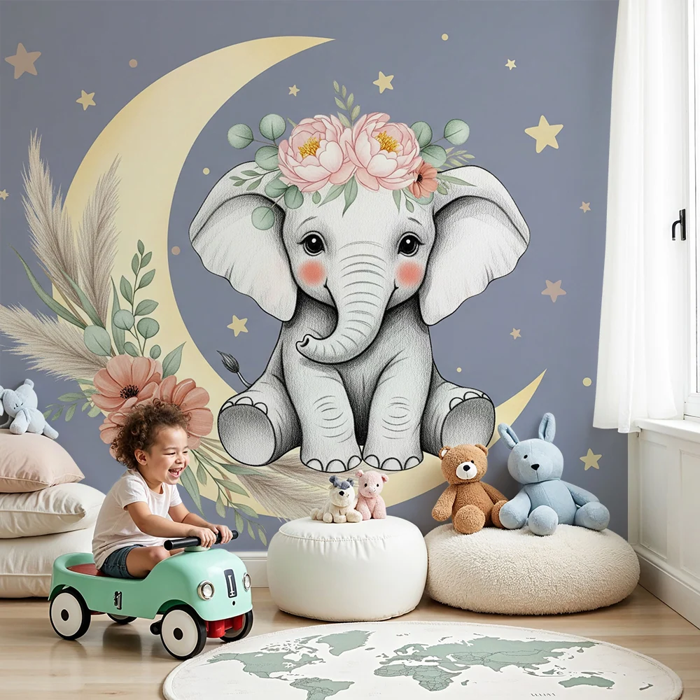 Tapet cameră bebeluși | Elefant dulce sub lună
