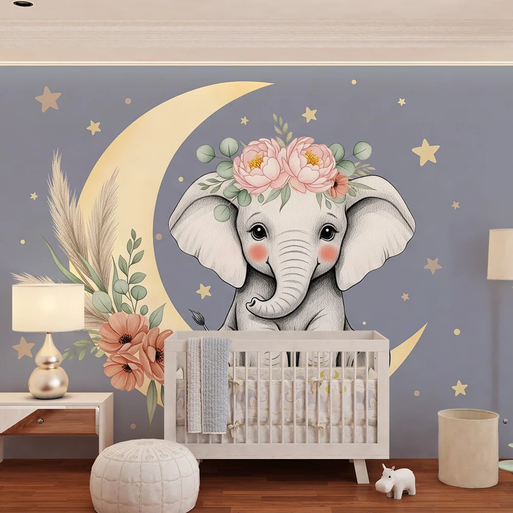 Tapet cameră bebeluși | Elefant dulce sub lună