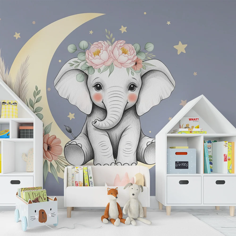 Tapet cameră bebeluși | Elefant dulce sub lună