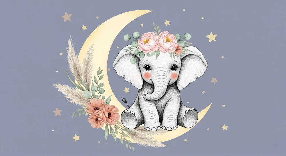 Tapet cameră bebeluși | Elefant dulce sub lună