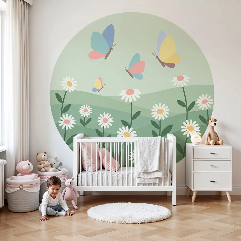Tapet cameră bebeluși | Fluturi colorați și flori de câmp într-un peisaj delicat