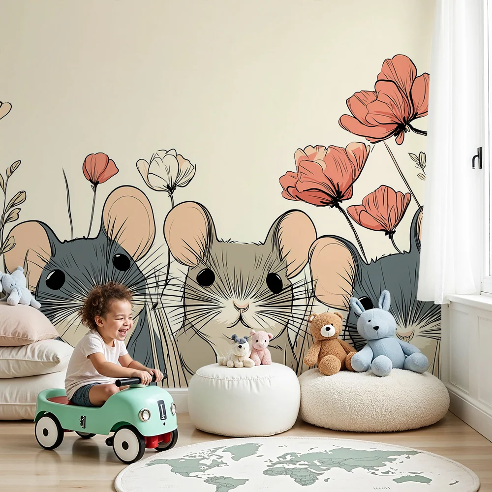 Tapet cameră bebeluși | Șoareci adorabili printre flori colorate