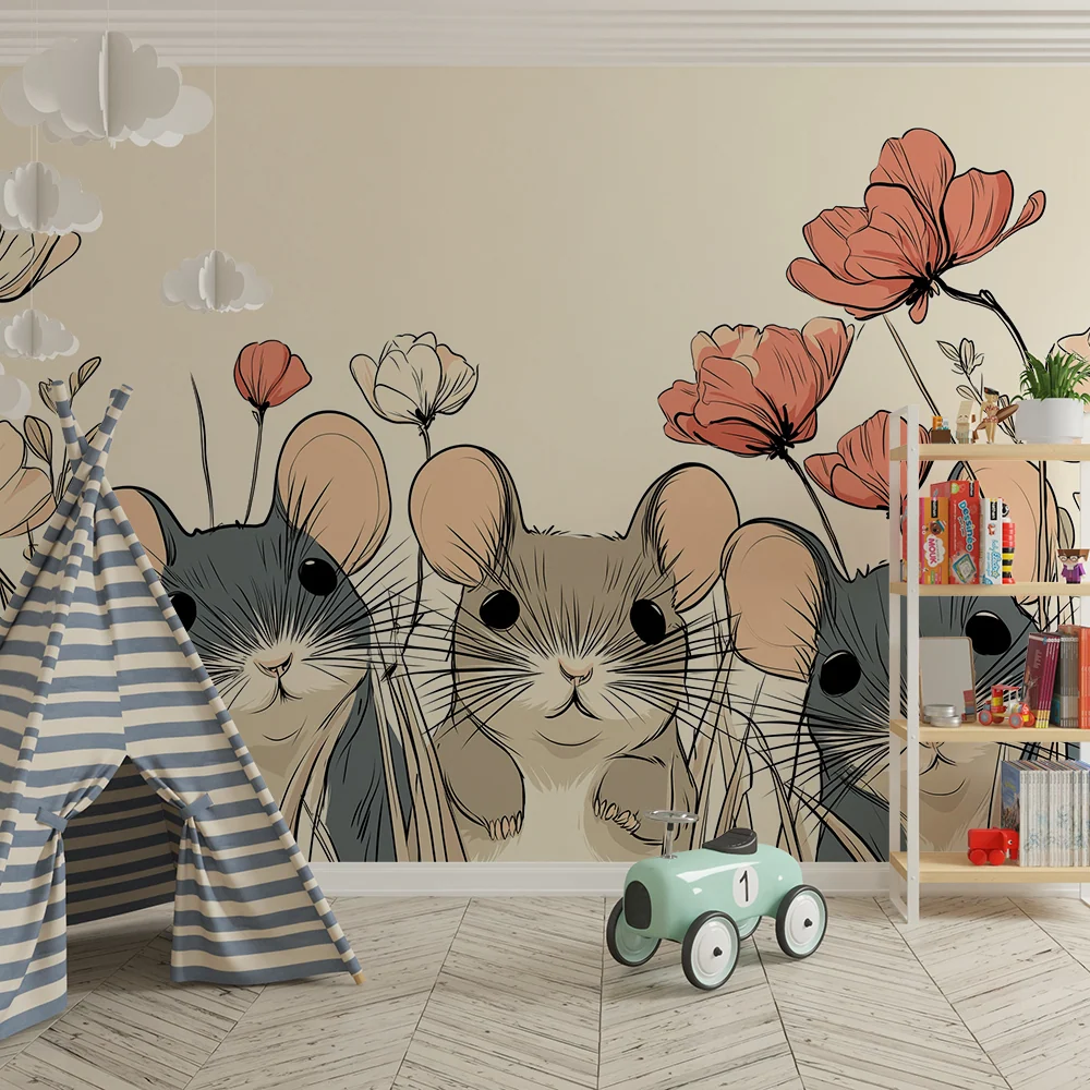 Tapet cameră bebeluși | Șoareci adorabili printre flori colorate