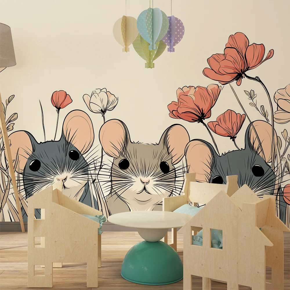 Tapet cameră bebeluși | Șoareci adorabili printre flori colorate