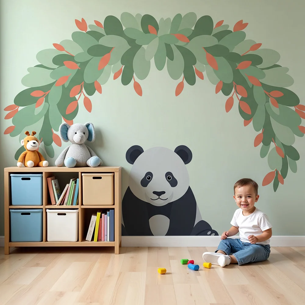 Tapet de cameră de bebeluși | Panda drăguț sub o arcadă de frunze colorate