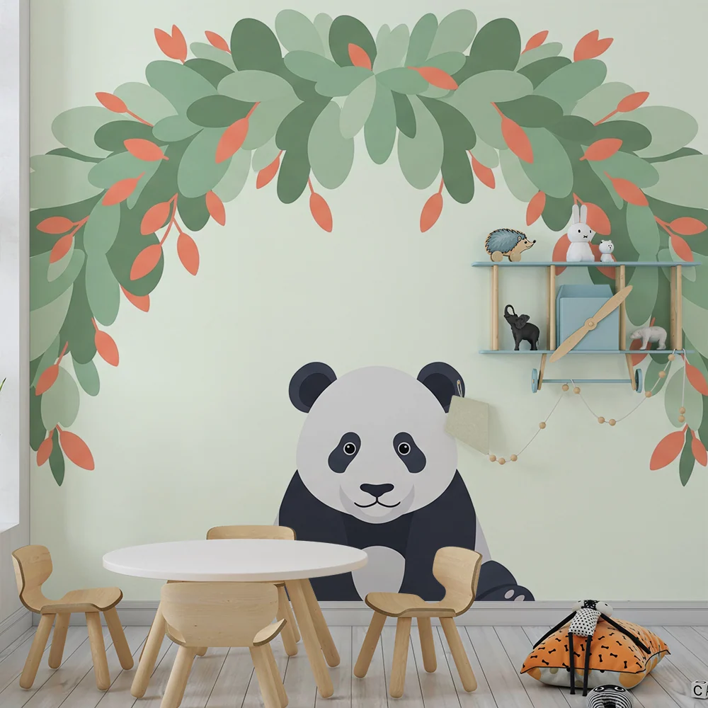 Tapet de cameră de bebeluși | Panda drăguț sub o arcadă de frunze colorate