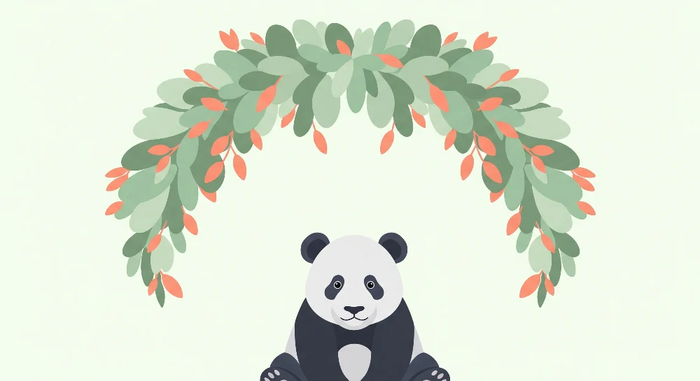 Tapet de cameră de bebeluși | Panda drăguț sub o arcadă de frunze colorate