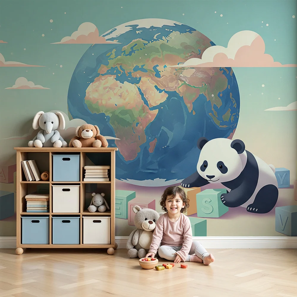Tapet cameră bebeluși | Panda jucător și glob pământesc colorat