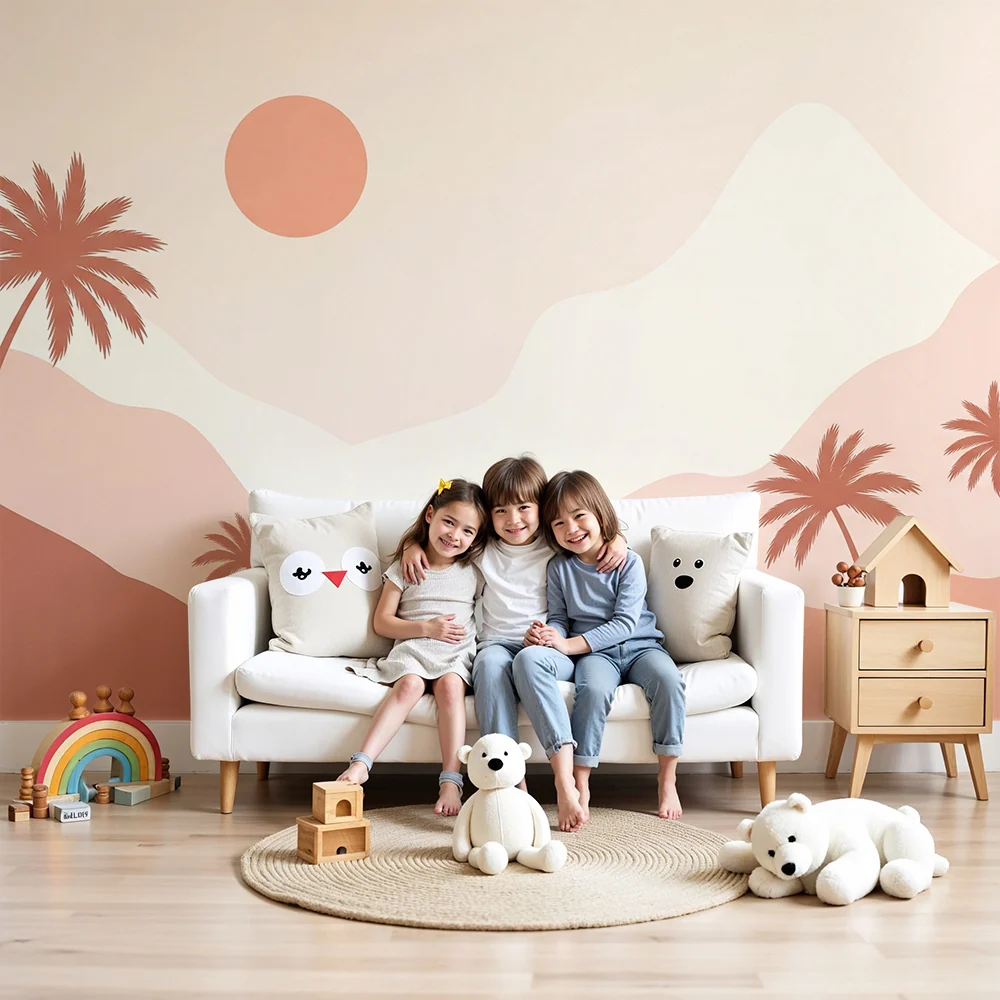 Tapet cameră bebeluși | Peisaj minimalist cu palmieri și soare blând