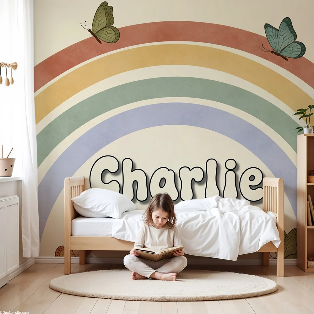 Tapet cameră copii | Curcubeu Charlie cu fluturi colorați