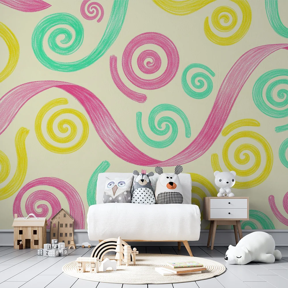 Tapet de cameră pentru bebeluși | Spirale colorate pe fundal moale
