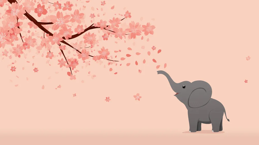 Tapet camera bebeluși | Elefant fericit sub cireșii înfloriți