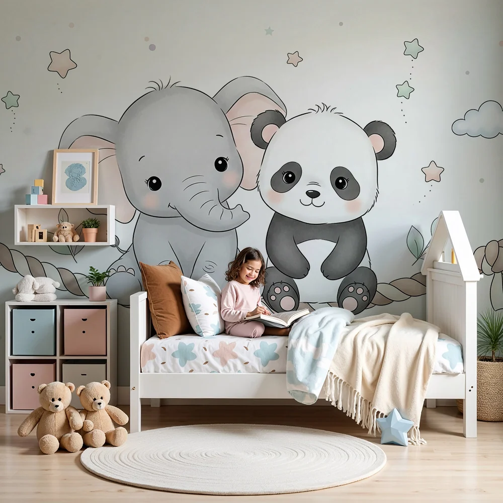 Tapet camera bebeluși | Elefant și panda pe o sfoară