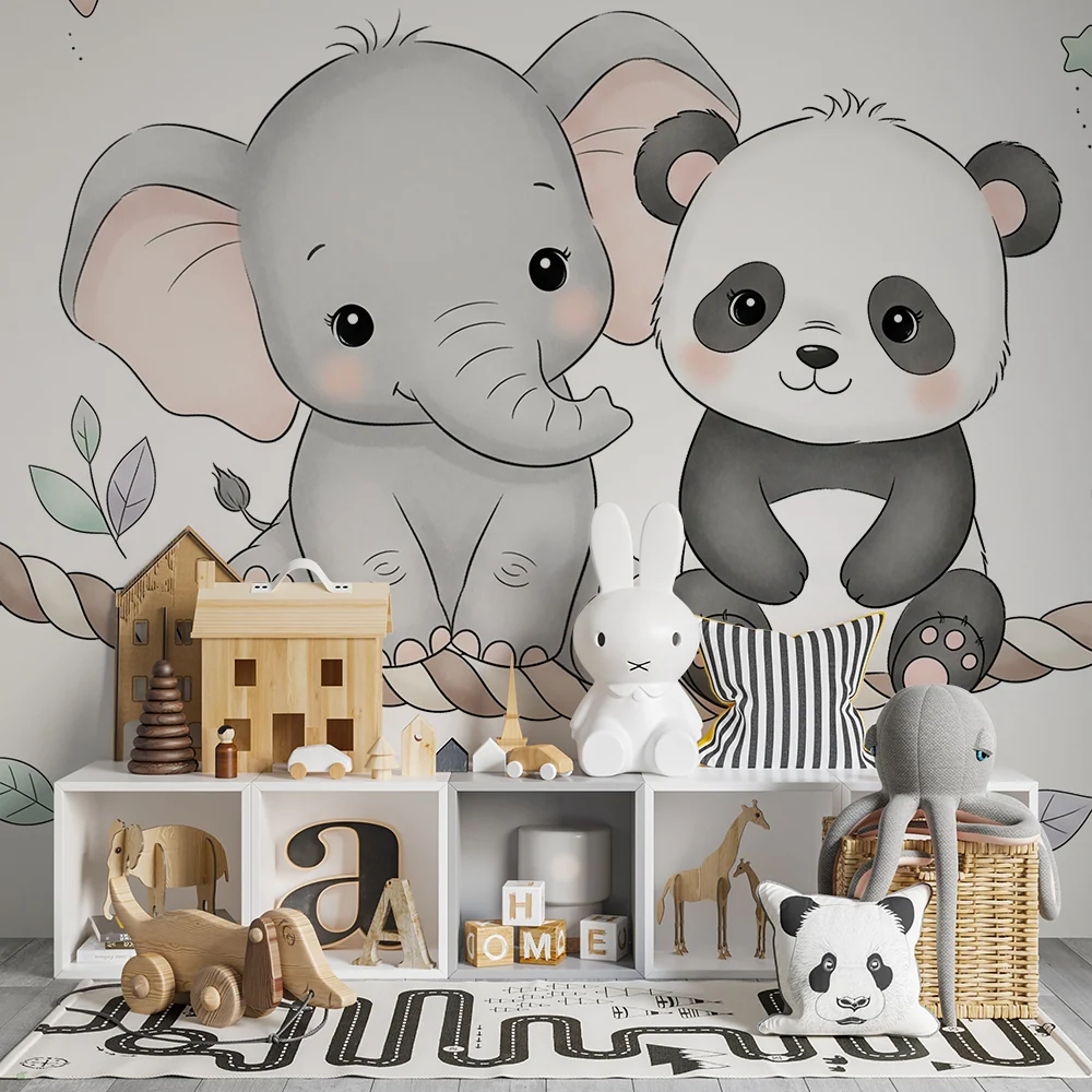 Tapet camera bebeluși | Elefant și panda pe o sfoară
