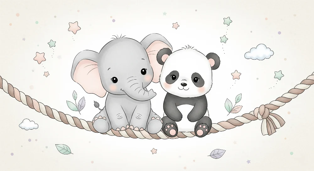 Tapet camera bebeluși | Elefant și panda pe o sfoară