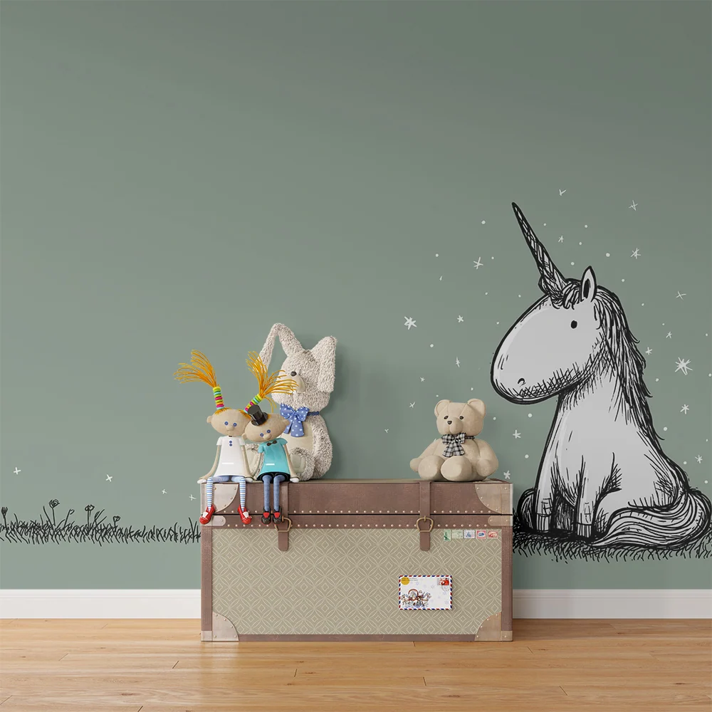 Tapet camera bebeluși | Unicorn drăguț și stea strălucitoare pe fundal verde