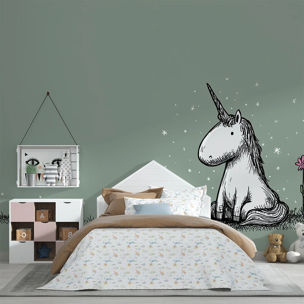 Tapet camera bebeluși | Unicorn drăguț și stea strălucitoare pe fundal verde
