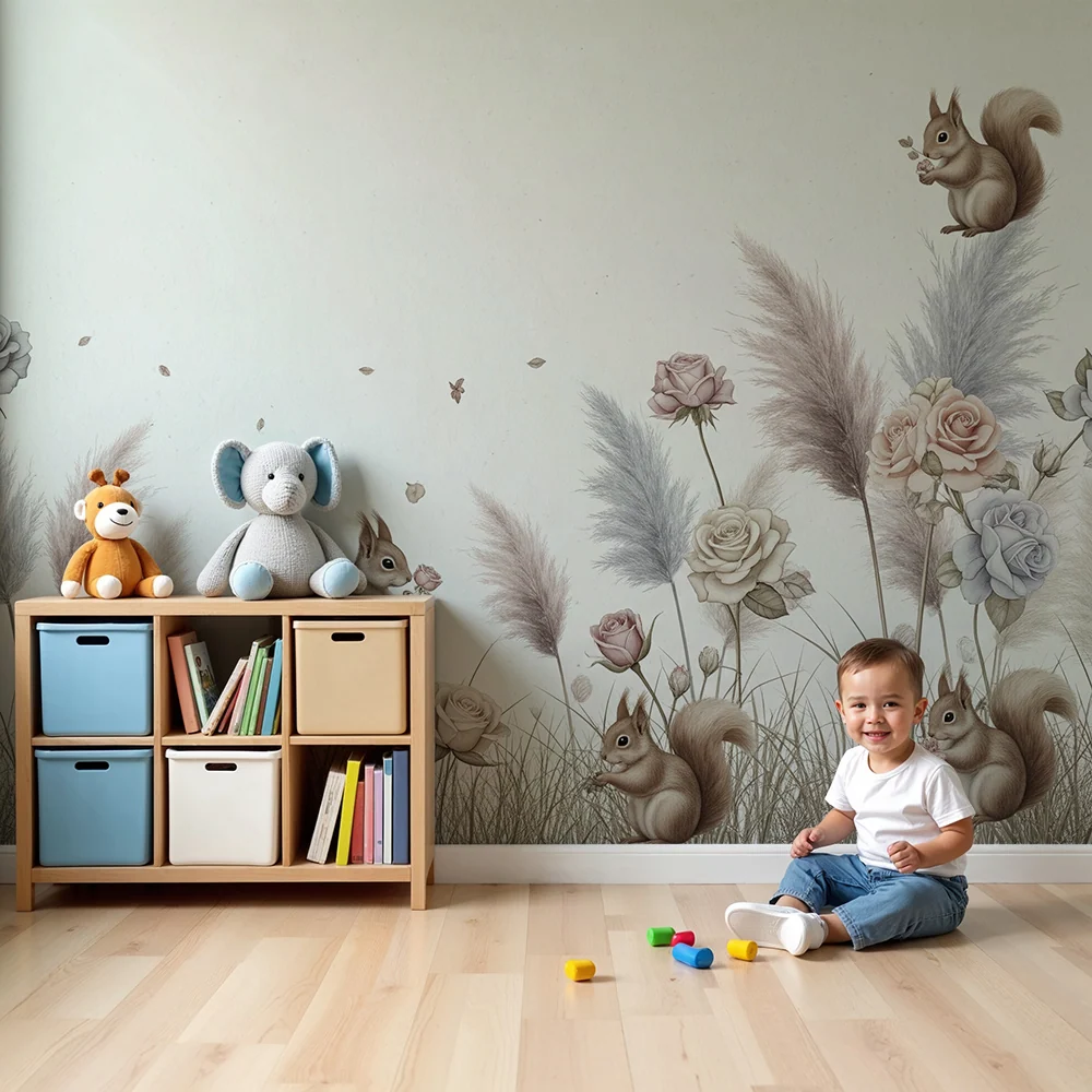 Tapet camera bebeluși | Veverițe jucause în mijlocul unor flori delicate