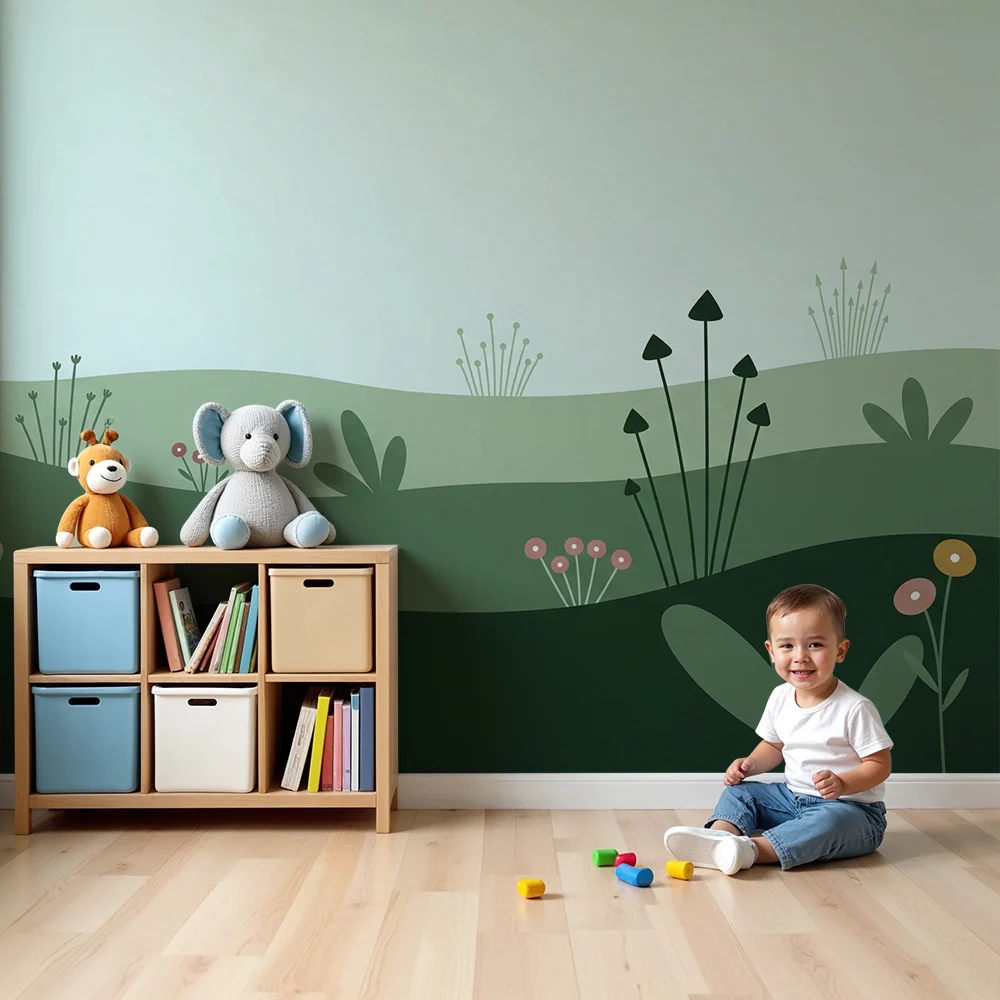 Tapet camera copii | Peisaj floral bland cu dealuri verzi
