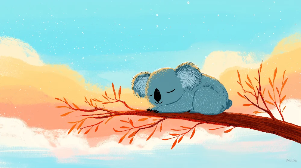 Tapet camera pentru bebeluși | Koala adormit pe o creangă cu cer pastel