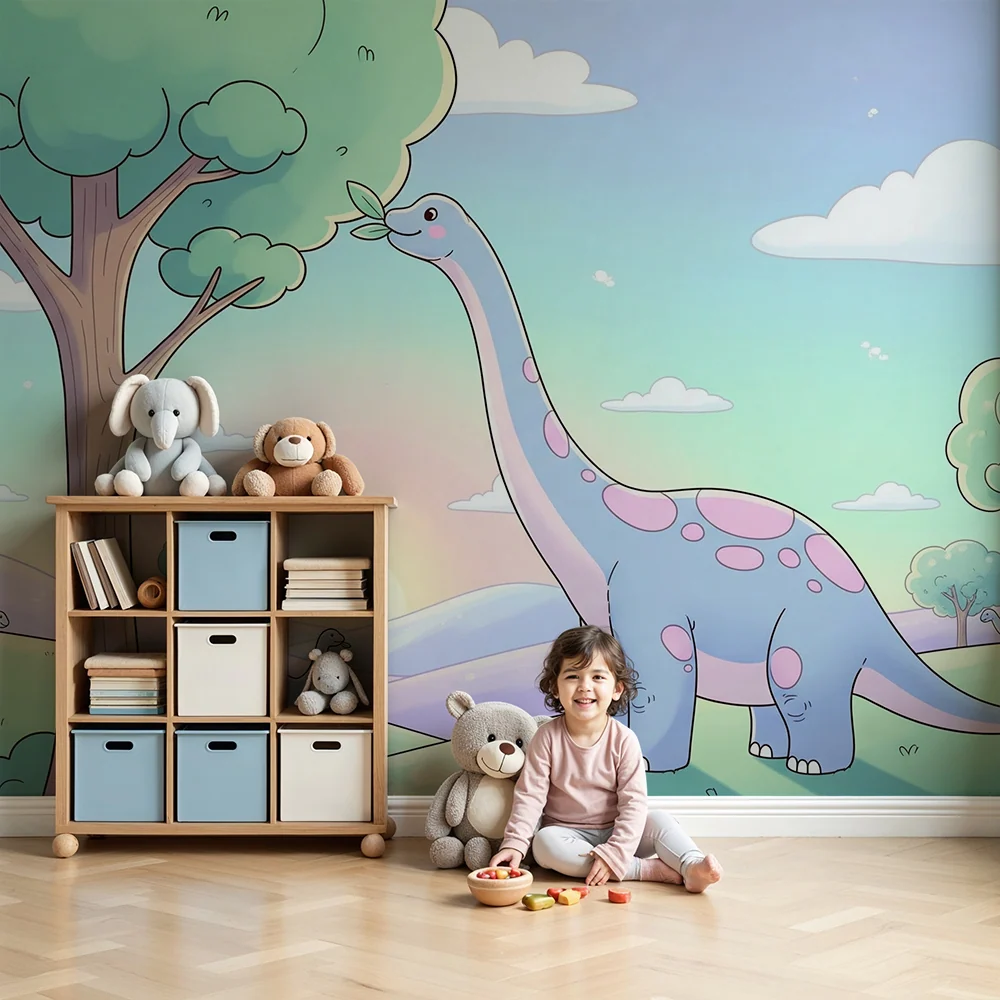 Tapet copii | Dinozaur drăguț într-un peisaj colorat