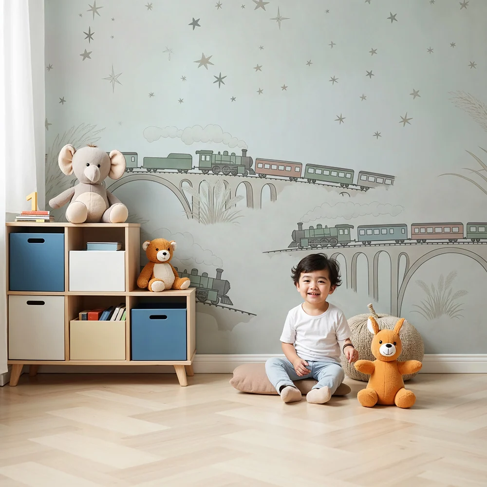 Tapet copii | Trenuri colorate pe poduri într-un cer înstelat