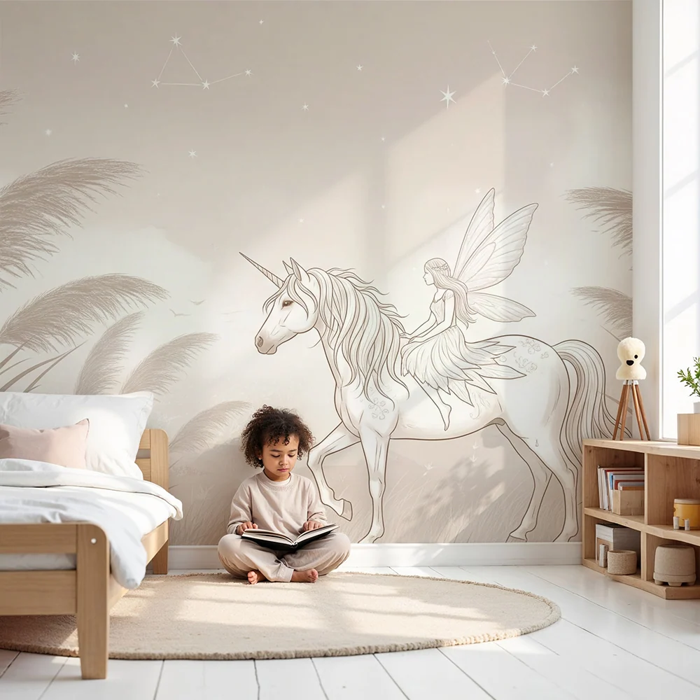 Tapet copii | Unicorn magic și zână într-un peisaj magic