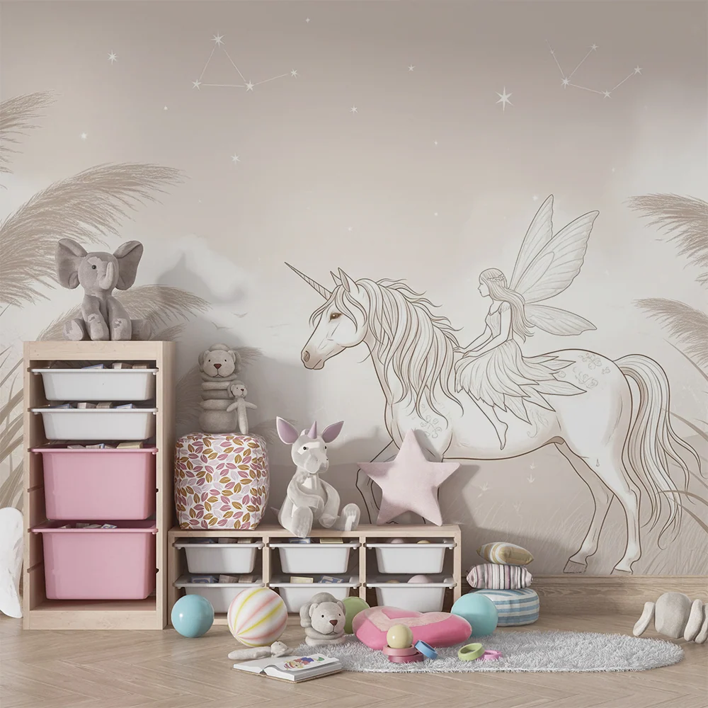 Tapet copii | Unicorn magic și zână într-un peisaj magic