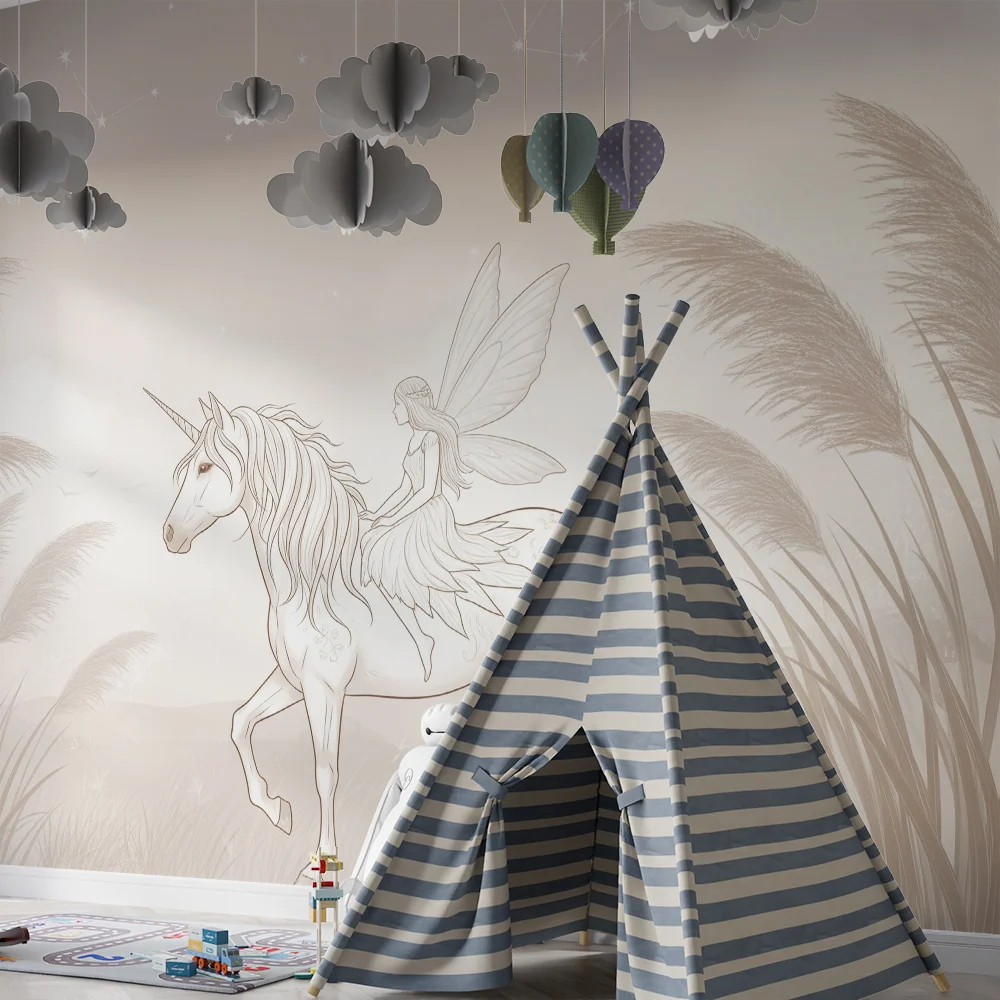 Tapet copii | Unicorn magic și zână într-un peisaj magic