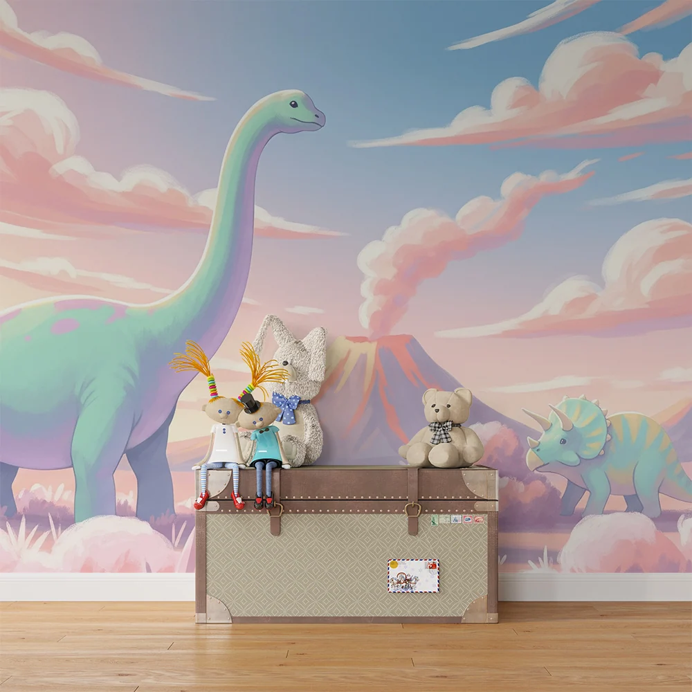 Tapet pentru cameră de copii | Dinozaur într-un peisaj preistoric pastel
