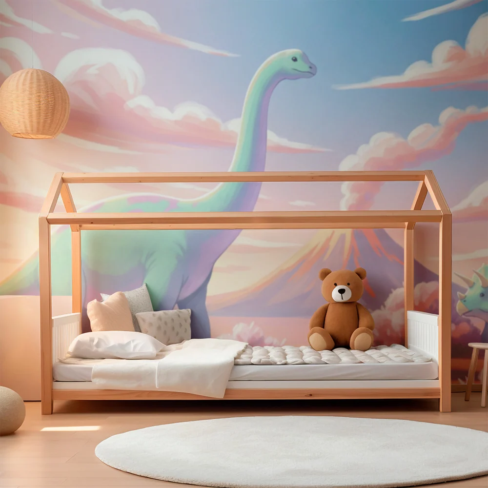 Tapet pentru cameră de copii | Dinozaur într-un peisaj preistoric pastel