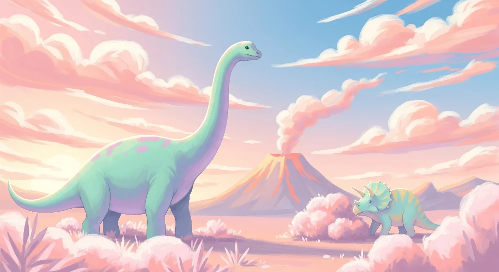 Tapet pentru cameră de copii | Dinozaur într-un peisaj preistoric pastel