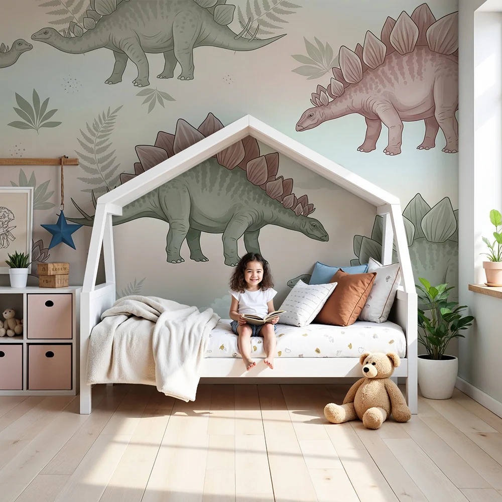 Tapet pentru cameră de copii | Dinozauri Stegosaur pe fundal pastel