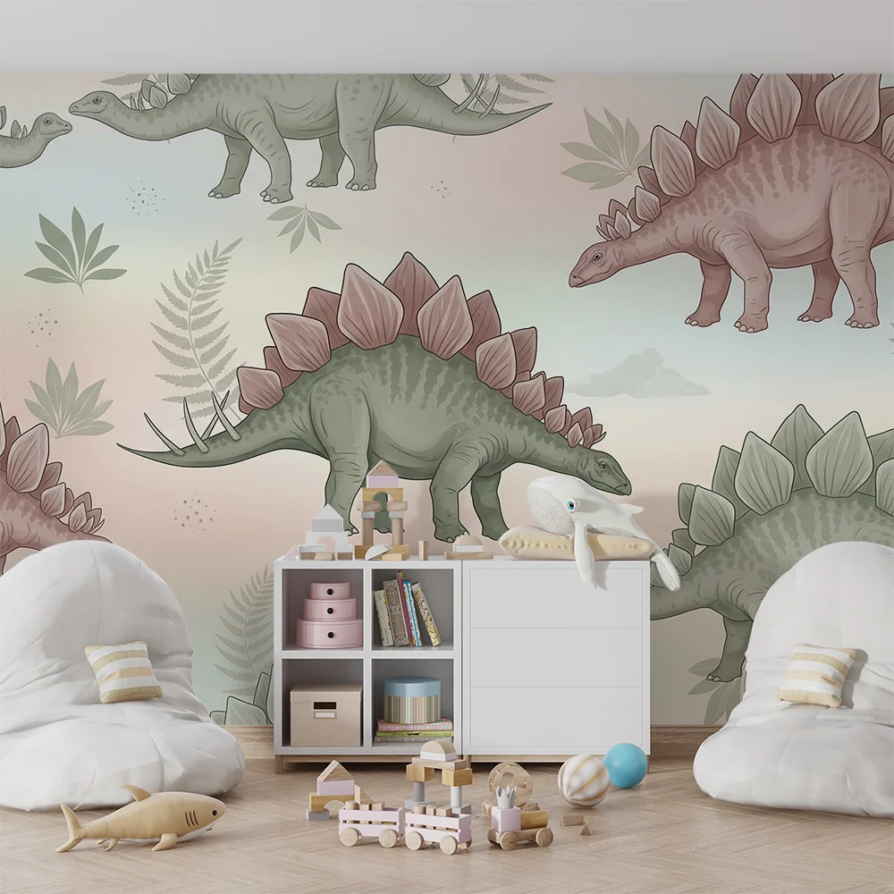 Tapet pentru cameră de copii | Dinozauri Stegosaur pe fundal pastel