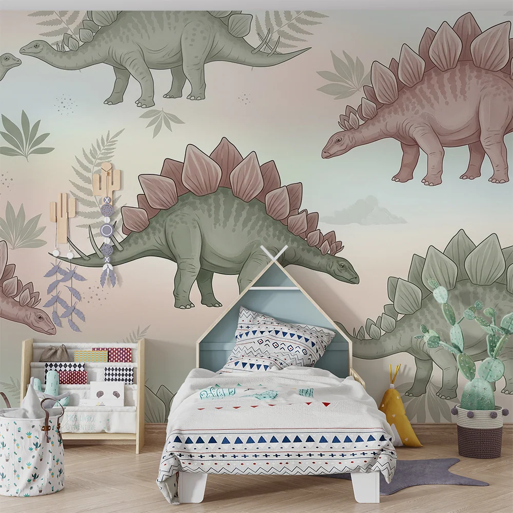 Tapet pentru cameră de copii | Dinozauri Stegosaur pe fundal pastel