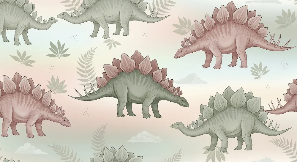 Tapet pentru cameră de copii | Dinozauri Stegosaur pe fundal pastel