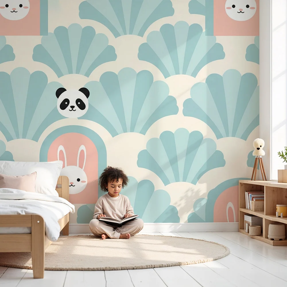 Tapet pentru cameră de copii | Ilustrații adorabile cu panda și iepure pe fundal de scoici