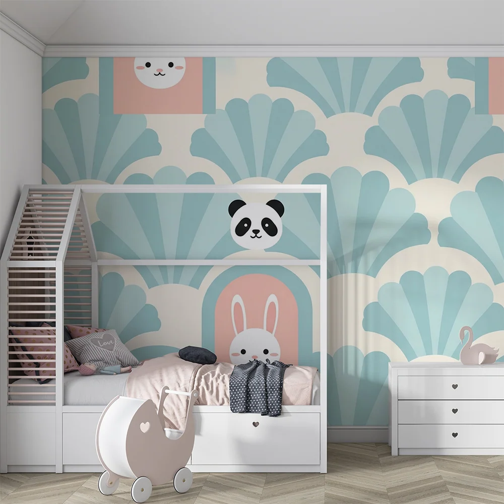 Tapet pentru cameră de copii | Ilustrații adorabile cu panda și iepure pe fundal de scoici