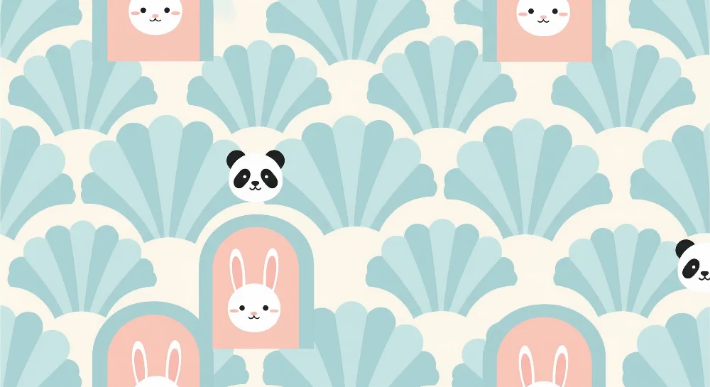 Tapet pentru cameră de copii | Ilustrații adorabile cu panda și iepure pe fundal de scoici
