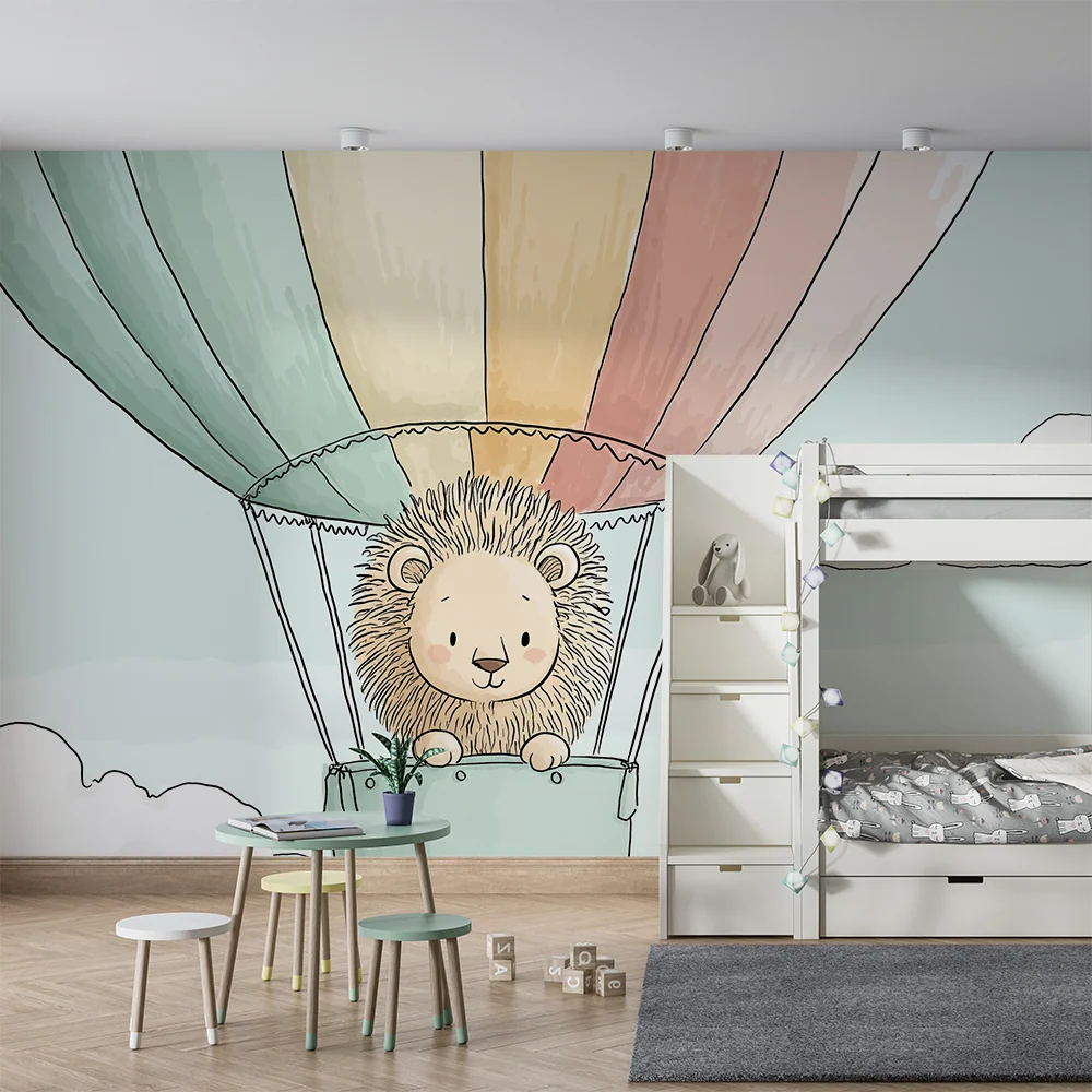 Tapet pentru cameră de copii | Leu drăguț într-un balon cu aer colorat