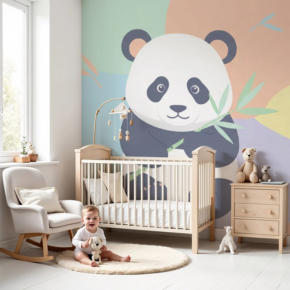 Tapet pentru cameră de copii | Panda drăguț cu bambus pe un fundal pastel