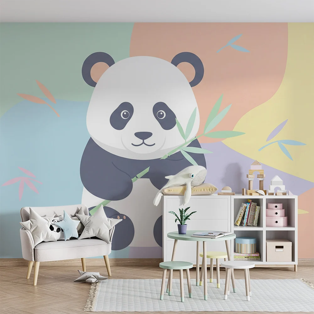 Tapet pentru cameră de copii | Panda drăguț cu bambus pe un fundal pastel