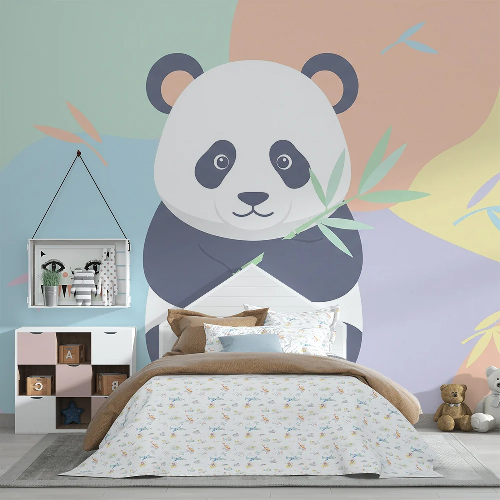 Tapet pentru cameră de copii | Panda drăguț cu bambus pe un fundal pastel