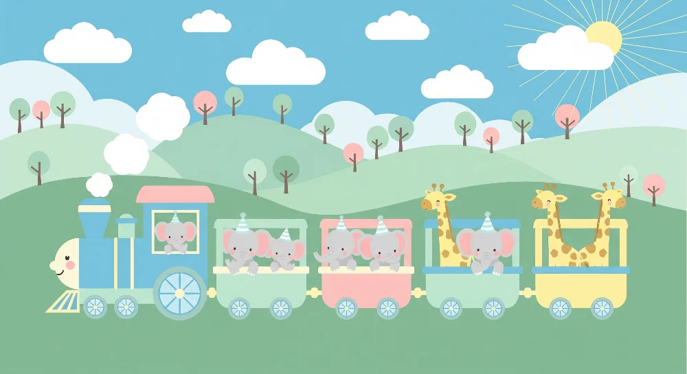Tapet pentru cameră de copii | Tren fericit cu elefanți și girafe colorate