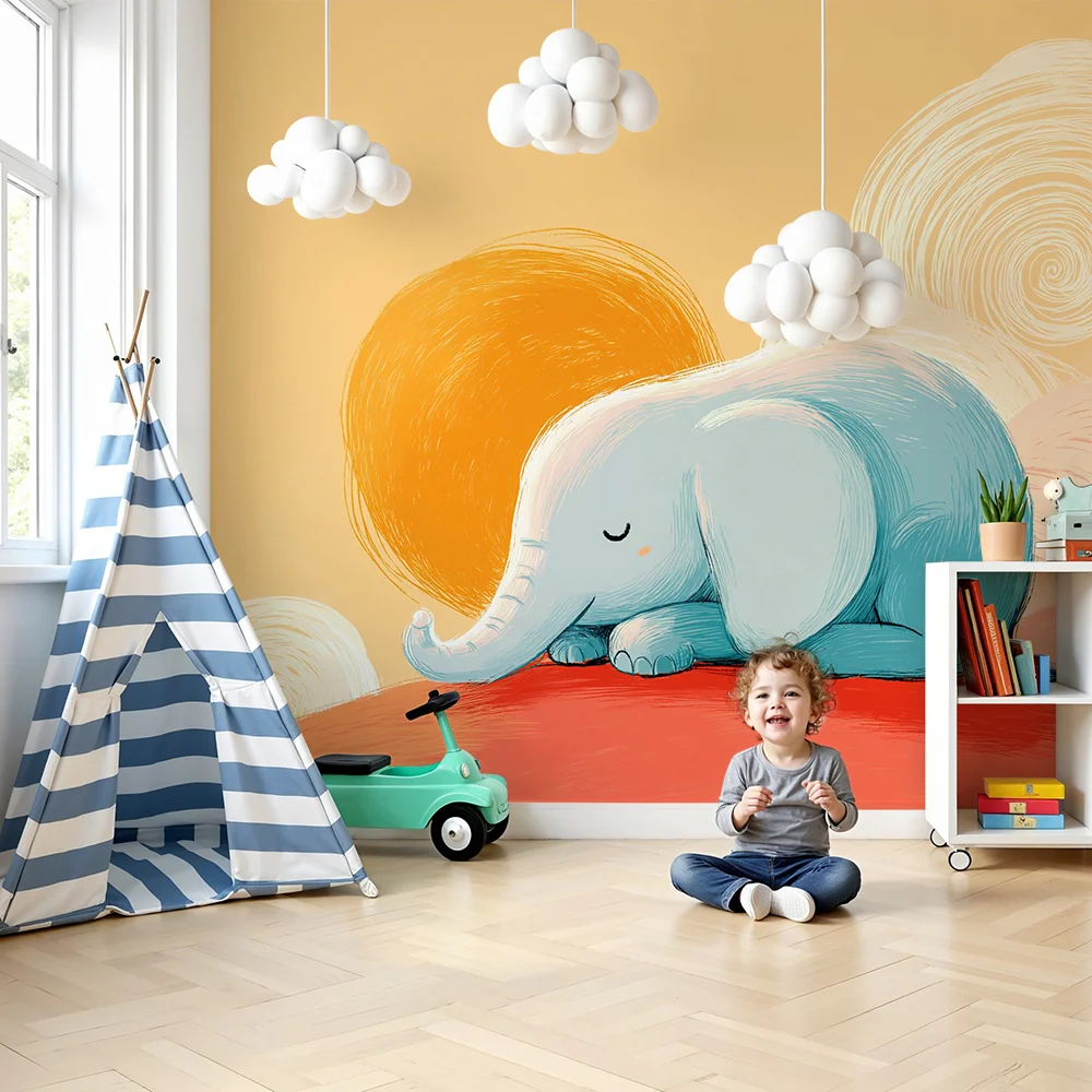 Tapet pentru camera de bebeluși | Elefant adormit sub un cer pastel