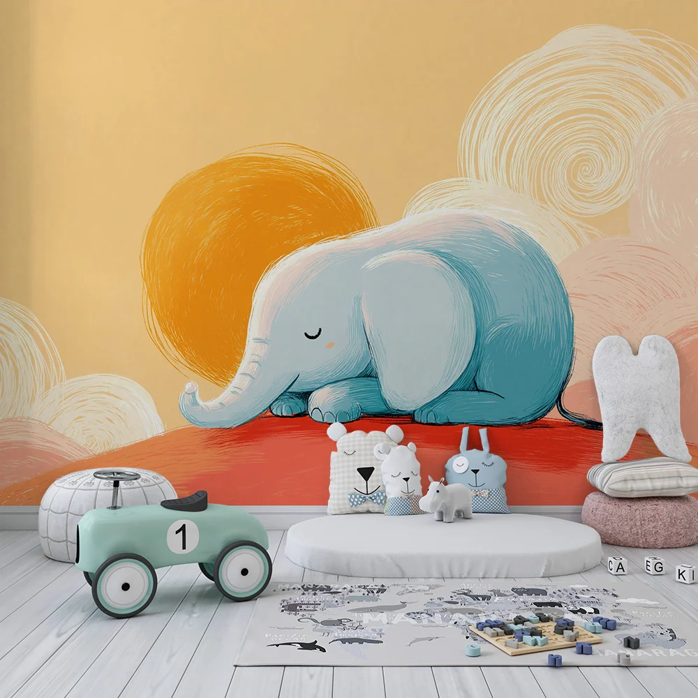 Tapet pentru camera de bebeluși | Elefant adormit sub un cer pastel