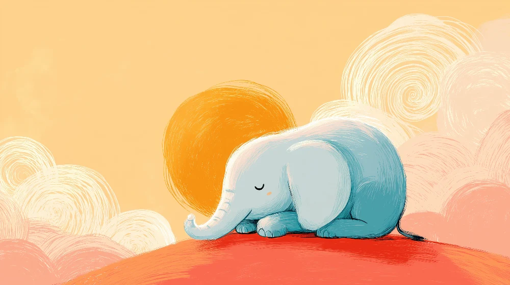 Tapet pentru camera de bebeluși | Elefant adormit sub un cer pastel